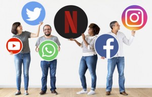 Diverse people with social media icons